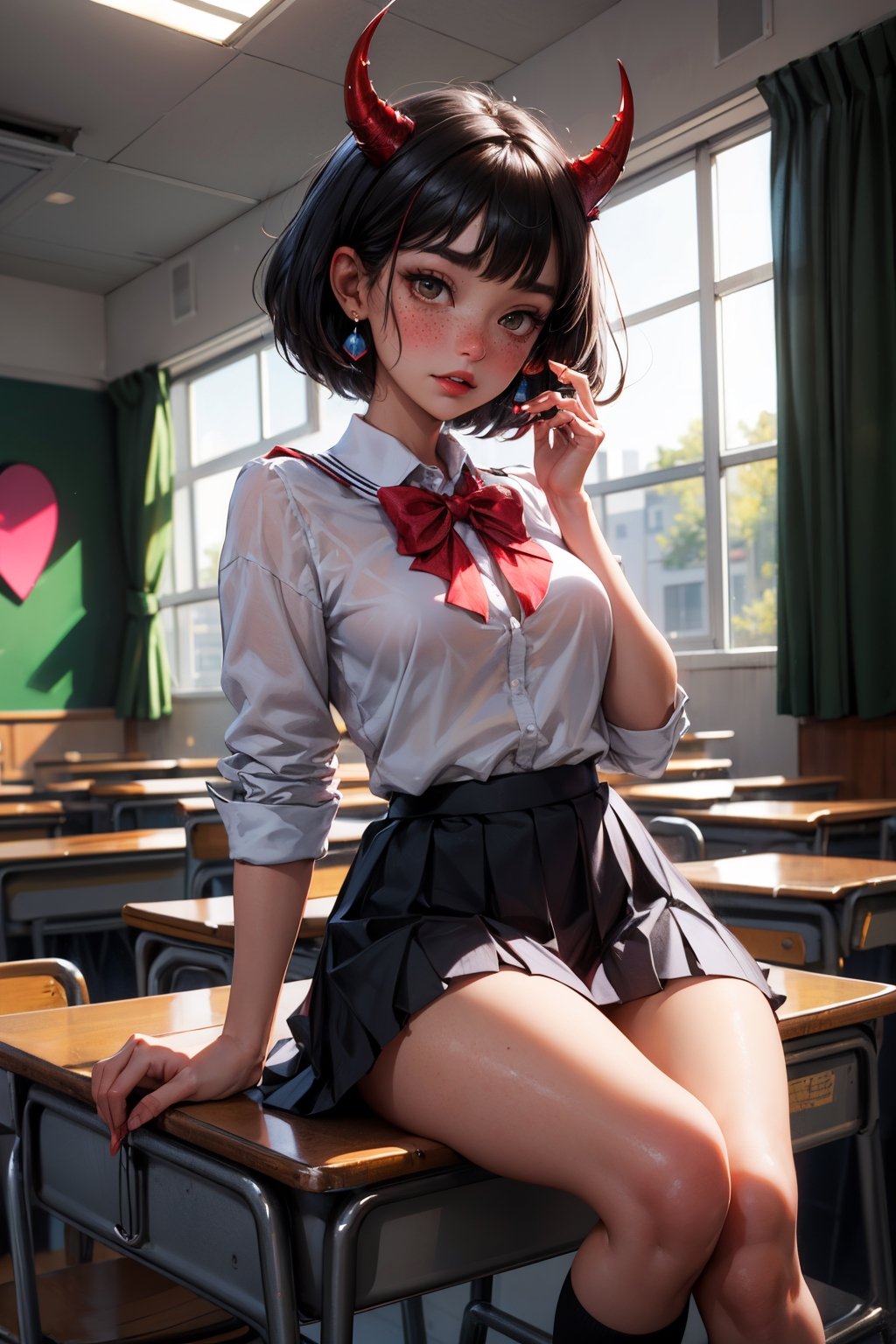(masterpiece, best quality, ultra-detailed, 8K),high detail,picture perfect face,blush,freckled,(red skin)devil girl,succubus,horns,perfect female body,slim,(black hair, bobcut),colorfull,cute, charming, alluring,heart earrings,(school uniform, pleated skirt),skimpy,