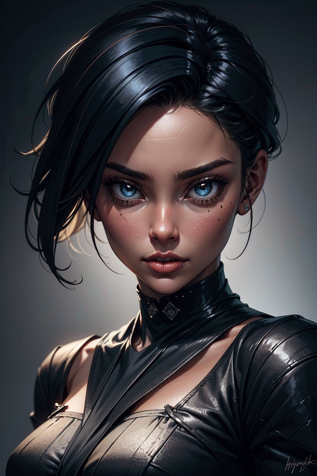 girl 20 years old, big eyes, eyelashes, detailed face, short hair, black hair, asymmetric_bangs, asymmetrical_face, dark theme,calm, tones, muted colors, high contrast, (adjusting hair),(natural skin texture, hyperrealism, soft light, sharpness),neonnightKA,orcaeffectKA
