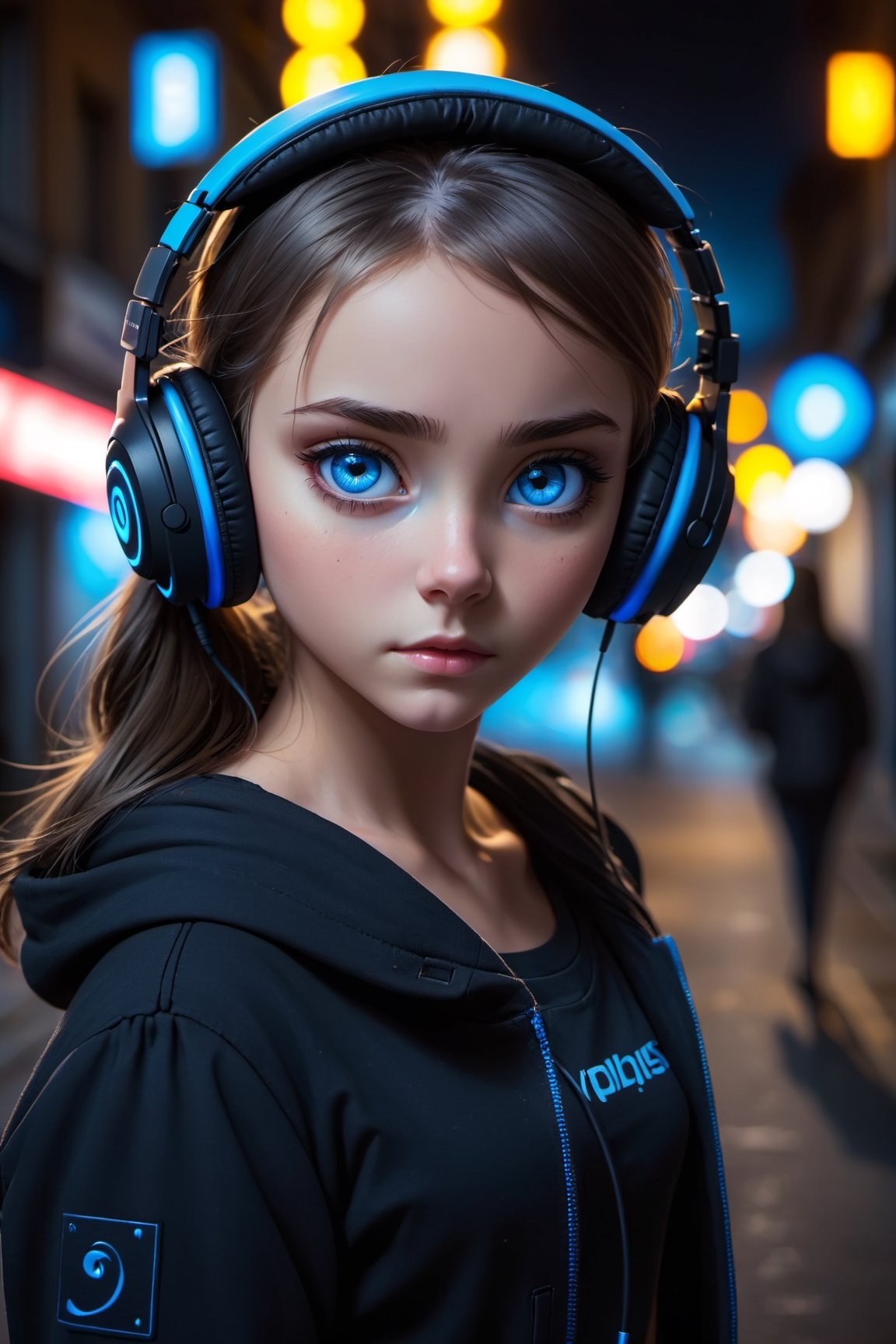 1girl, solo, standing, eye focus, blue eyes, street, night, black theme, (from side:0.5), looking at viewer, headphones,