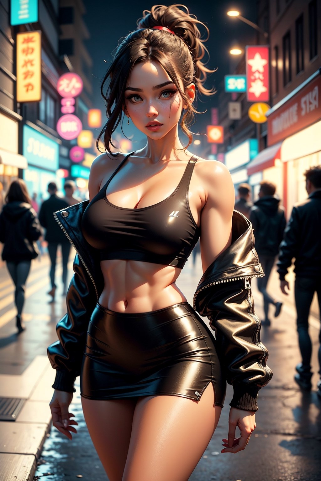 A woman, cute girl, cute face, Caucasian, neon eyes, jacket off shoulder, shiny jacket, detailed face, badass, ponytail, twenty years old, athletic body, brunette, black tank top, lace trim, mini skirt, skin-tight dress, looking at camera, toned body, fit, punk, streets, shiny ground, night, colorful neon background, hip cocked, fit midriff exposed, large round tits, side boobs cut, huge hip, demure, low cut, black lace trim, detailed skin, soft lighting, subsurface scattering, heavy shadow, masterpiece, best quality, 8k, golden ratio, Intricate, High Detail, ((sharp focus, detailed skin texture)), (blush:0.2), (goosebumps:0.3), subsurface scattering,hourglass body shape