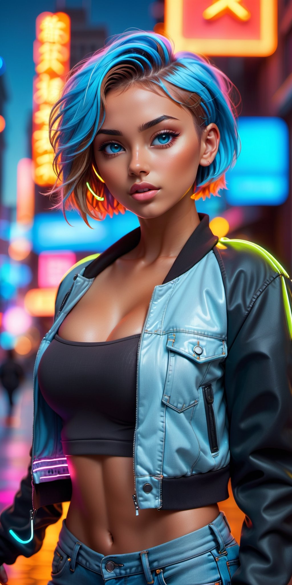 masterpiece, ultra resolution, 
1girl, solo, perfect body, lava hair, short hairstyle, light blue eyes, (tan skin, full lip, hair highlights:1.2), large_breast, midriff, | (neon hair:1.2), cropped_jacket, crop_top, denim, futuristic city lights, buildings, urban scenery, neon lights | bokeh, depth of field,