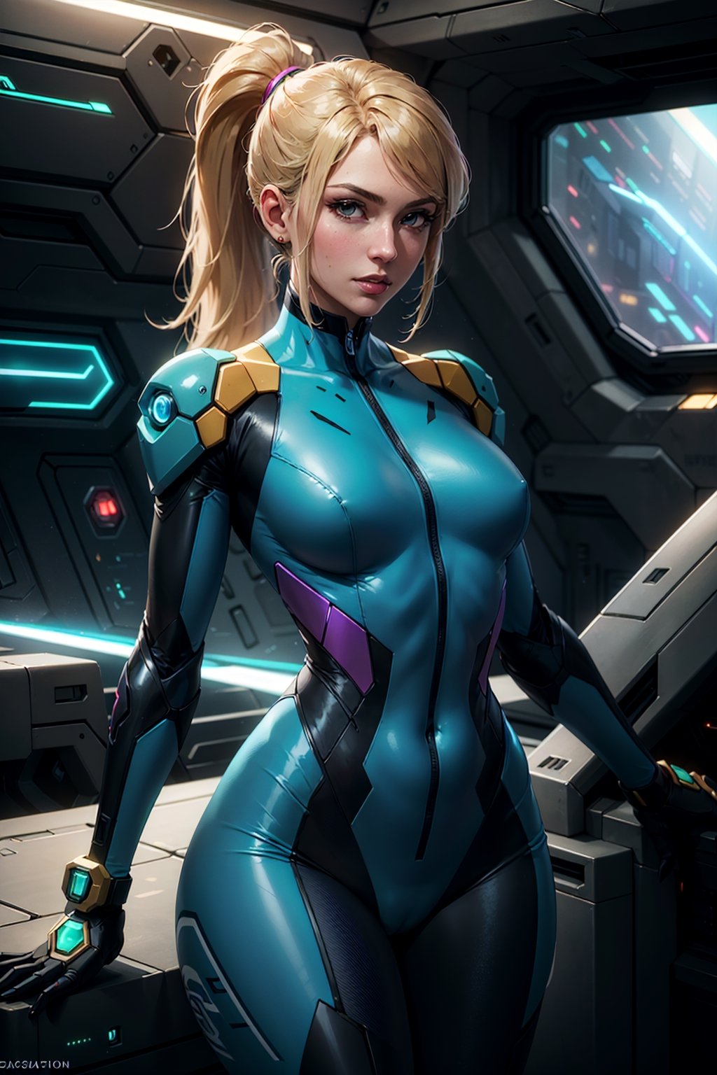 (masterpiece, best quality, high resolution, vibrant colours),
cowboy shot of samus aran, ponytail, metroid, mature woman, blue suit, skin-tight, mecha bodysuit, subsurface scattering, spaceship background