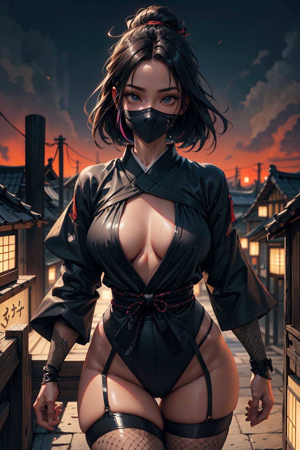 1girl, mature female, ninja, black suit, shinobi, mask, fishnets_stockings. Ancient Japanese town, rooftop.

masterpiece, best quality, ultra highres, depth of field. detailed eyes , detailed background. intricate, comprehensive cinematic, magical, gradient lights, colorful, detailed landscape. shiny skin, skindentation.
