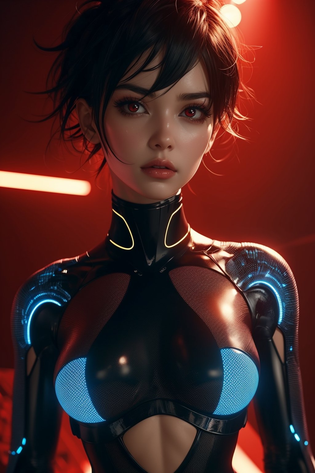 masterpiece, red eyes, light (red light:1.3), 1girl, beautiful face, skindentation, detailed black hair, pixie hair, glowing light, futuristic, science lab, cyberpunk bodysuit, upper body, skinny waist, large hip