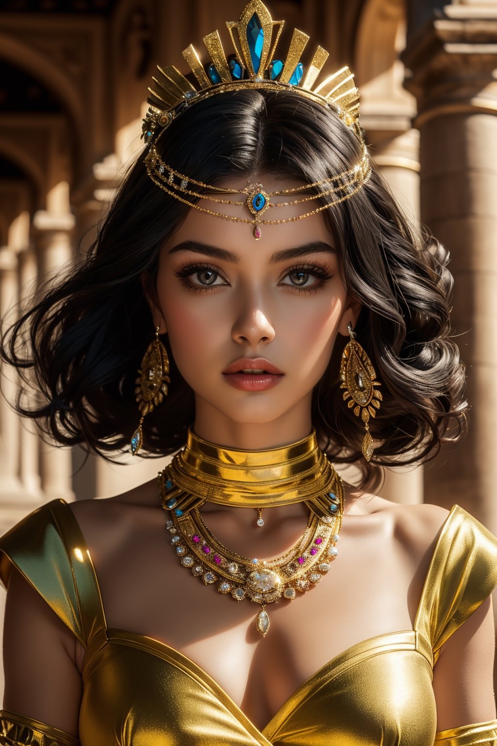 young Cleopatra, a paragon of regal beauty, commands attention with her striking presence. Her almond-shaped eyes, lined with kohl, sparkle with intelligence and a touch of mystery. Raven-black tresses cascade in intricate curls, adorned with jewels that catch the light. Sun-kissed skin, anointed with exotic oils, exudes a luminous glow, reflecting the allure of the Egyptian sun. Dressed in opulent fabrics, Cleopatra's regalia accentuates her graceful silhouette, while a confident demeanor and a captivating charm complete the portrait of a queen whose beauty transcends eras