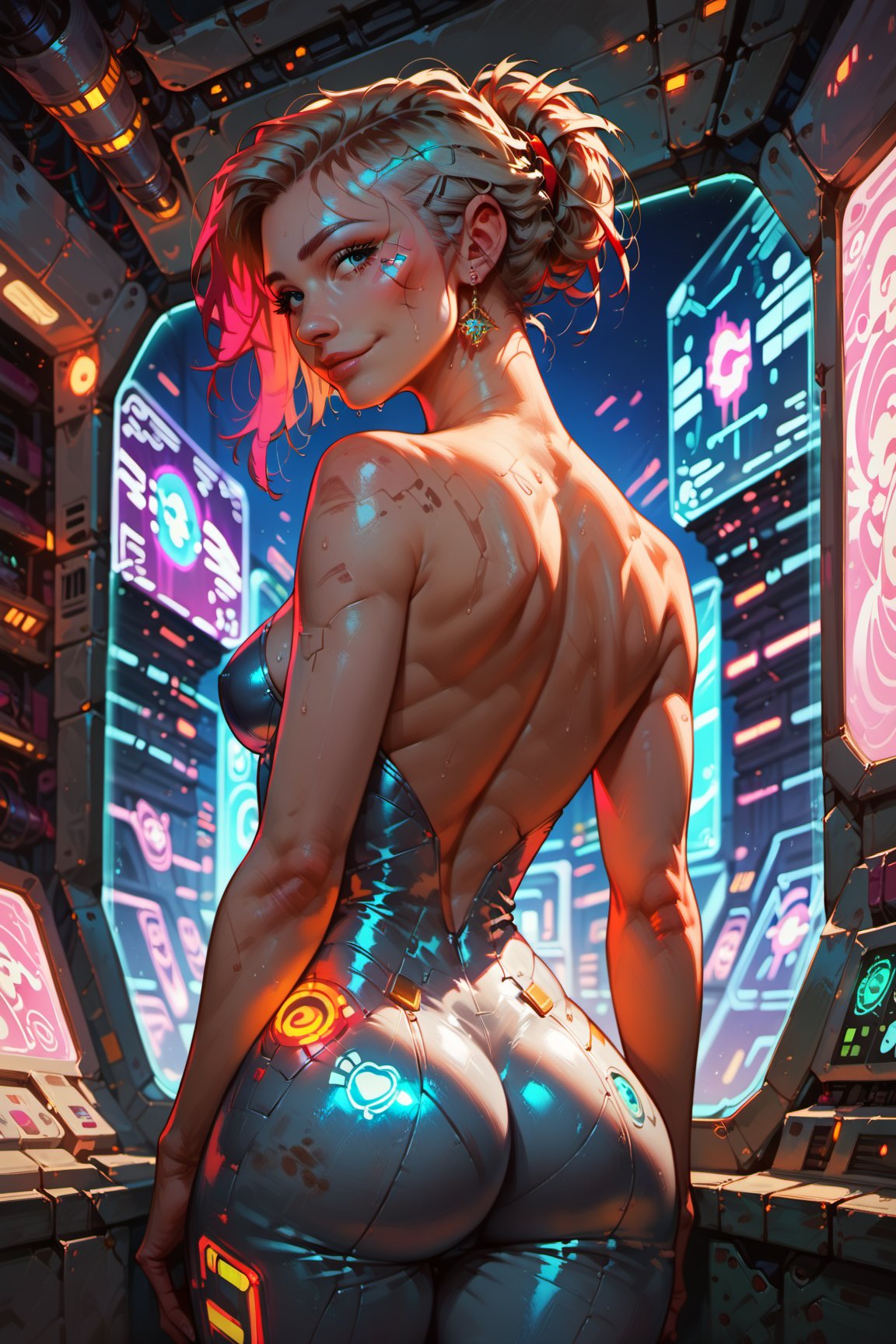 score_9, score_8_up, score_7_up, beautiful girl engineer. stripes, cute face. wearing futuristic jumpsuit. dirty skin, skinny. engine room of a spaceship. detailed background. medium chest. indoor, from back, looking back. sweating. holographic terminals. Huge hip. Spaceship background.

N1cp1k, cyberpunk.