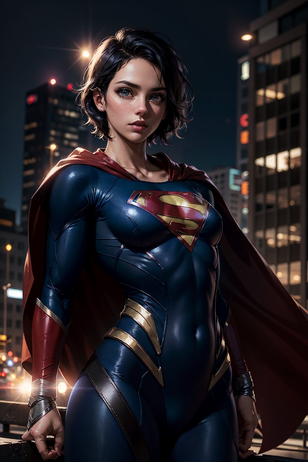 (masterpiece, best quality, volumetric lighting, detailed eyes), Supergirl, black bodysuit, red cape, dc, (city) night ciy background, superhero aesthetic, short black hair, cowboy shot, fit torso, skinny torso