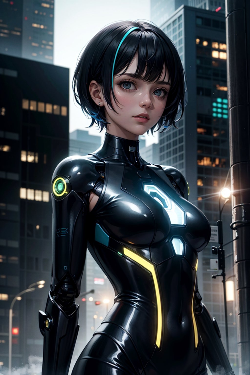 (masterpiece, best quality, ultra detailed), futuristic, science fiction, scenery,  1girl, short hair, asymmetrical_hair, upper body, multiple color hair, sci-fi bodysuits, cybernetic, cyber City, night time, crime scene