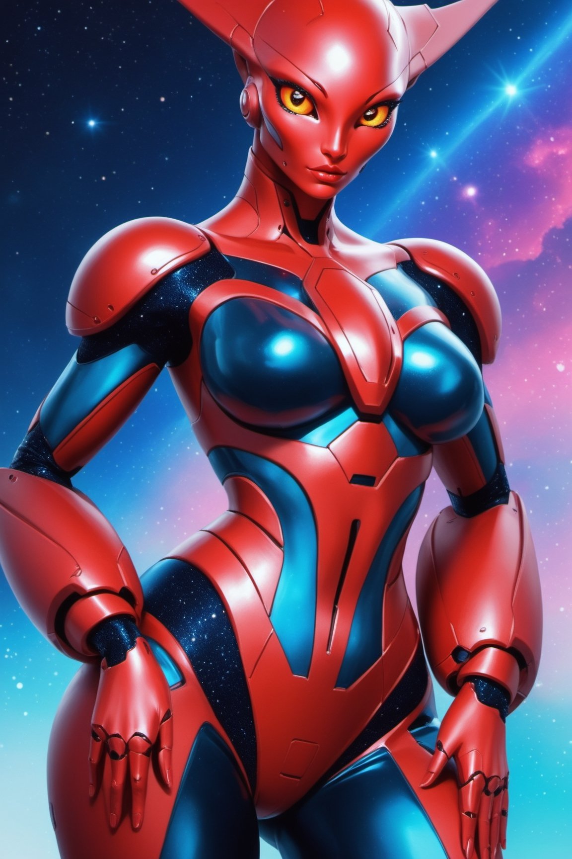 score_9, score_8_up, score_7_up, score_6_up, score_5_up, score_4_up, portrait of beautiful alien girl, alien eyes, balck sclera, red skin, cinematic pose, curvy hip, pop hip, narrow waist, intricate, elegant, space, sharp focus, soft bokeh, aesthetic bodysuit, highly detailed, vibrant colors, 8k, mecha suit