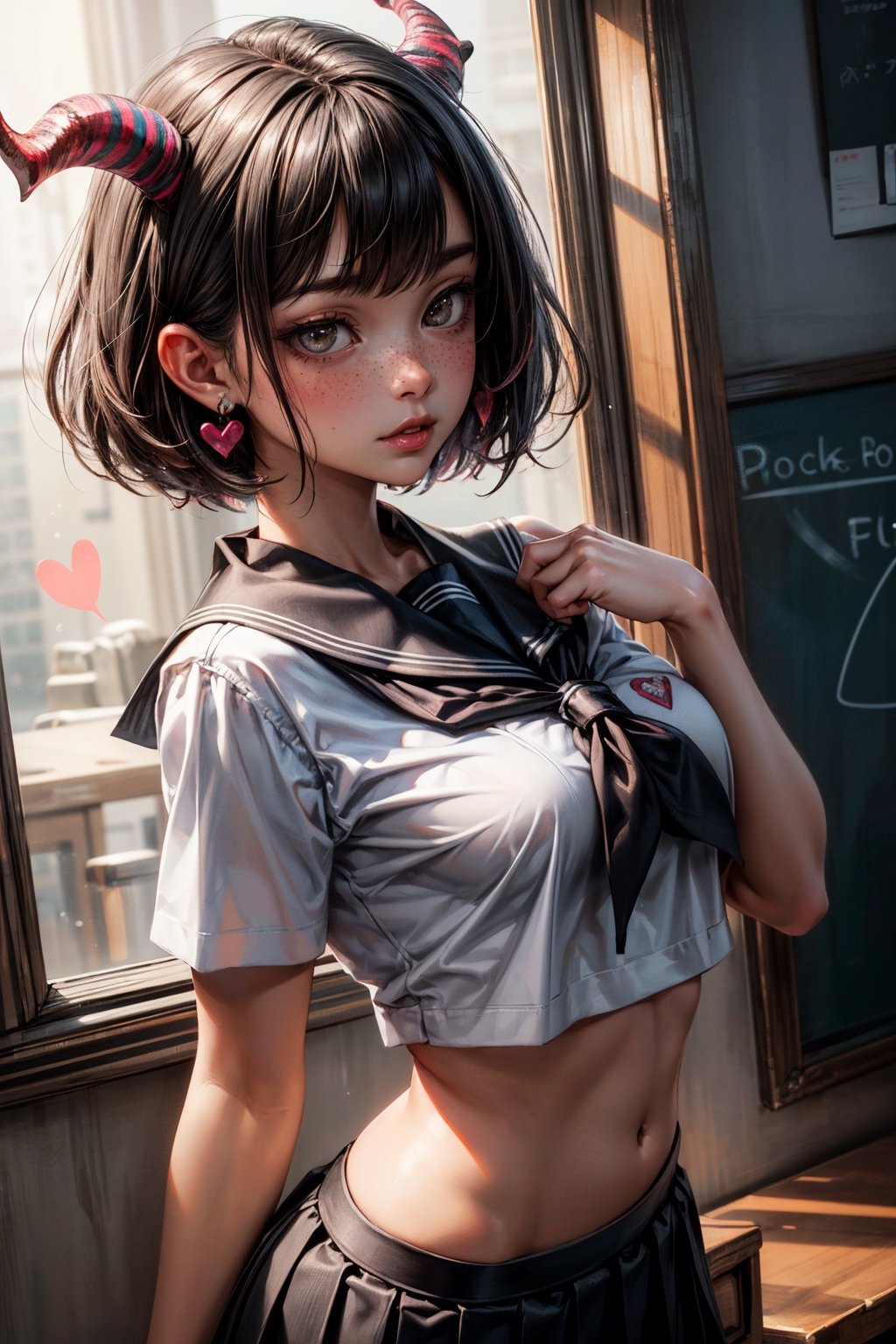 (masterpiece, best quality, ultra-detailed, 8K),high detail,picture perfect face,
1girl,succubus,horns,perfect female body,slim,blush,freckled,(black hair, bobcut),colorfull,cute, charming, alluring,heart earrings,(school uniform, pleated skirt),skimpy,Add more detail