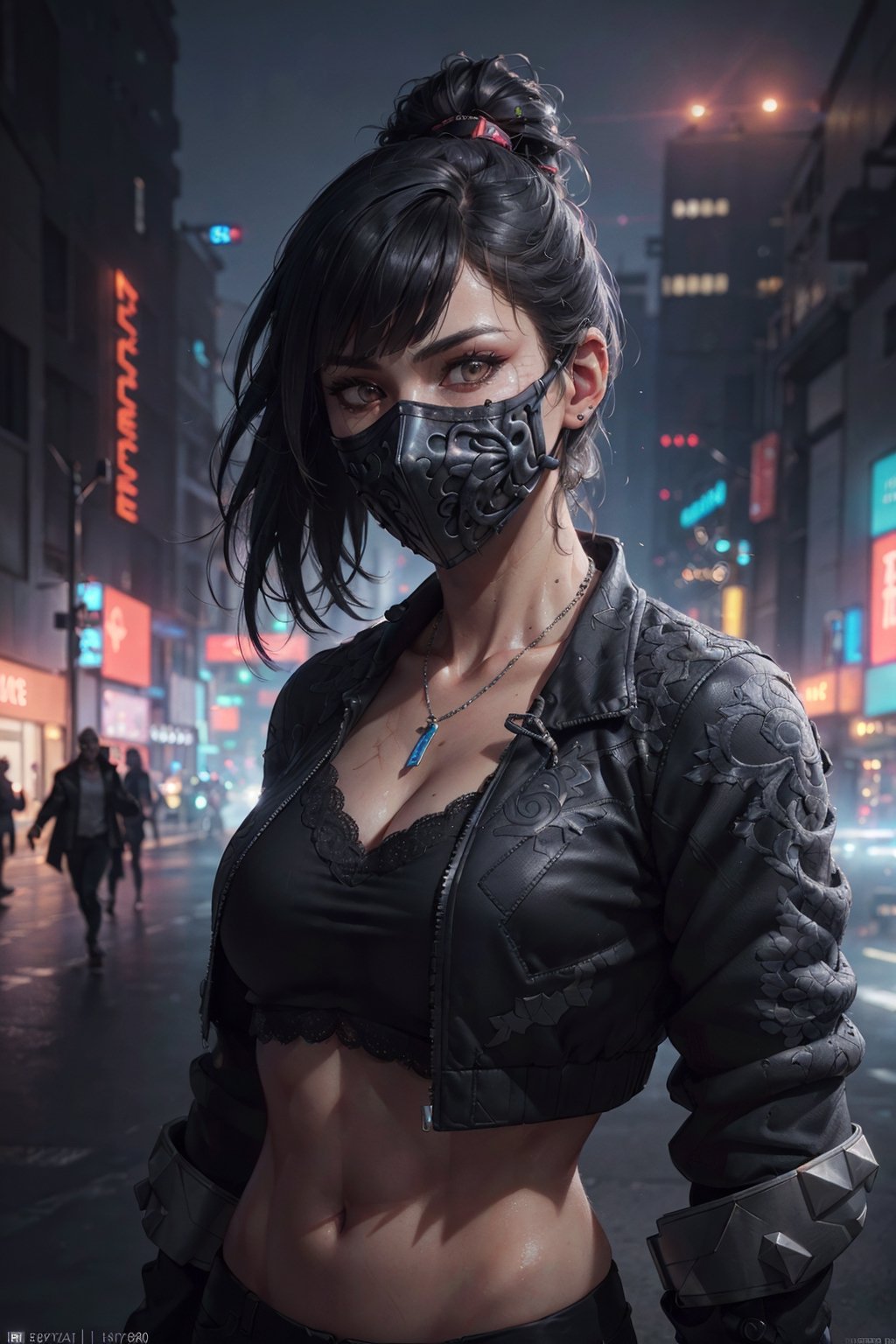 (octane render, best quality, sharp focus, 8k, 4k:1.3), Masterpiece, Best Quality, ((skin texture, realistic skin, extremely detailed, intricate, hyper detailed:1.3)), portrait, sharp detailed, beautiful woman, athletic body, random black hair, blunt bangs((sub zero mask)), ((lace, cropped black jacket)), silver necklace, cyberpunk city at night, (solo)