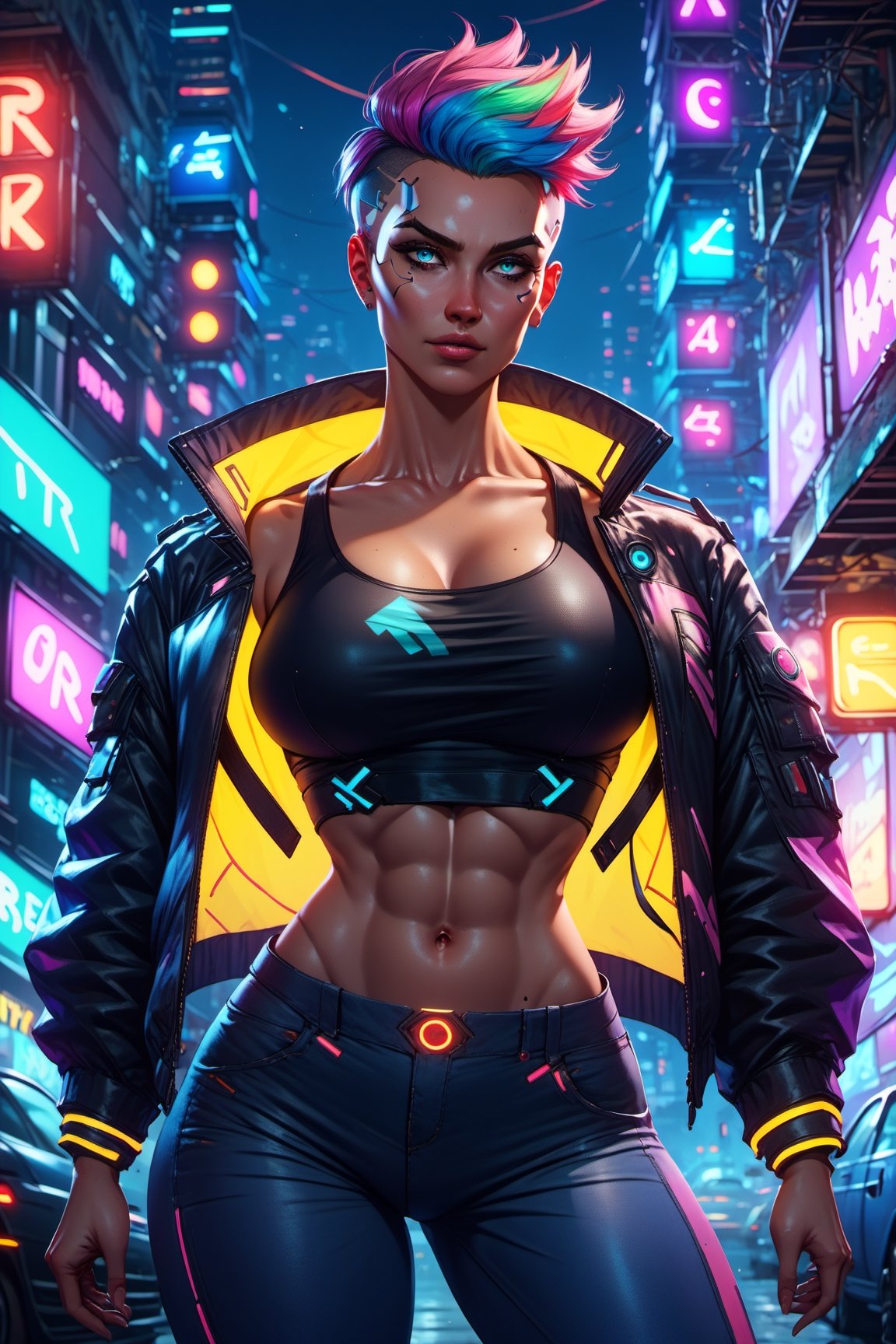 score_9, score_8_up, score_7_up. 1girl, beautiful tomboy girl. short hair, highlights. Tanktop, pants, neon jacket, neon clothes. Large hip, pop hip, curvy hip. cowboy_shot. Night, cyberpunk city background.,p0pp3r 