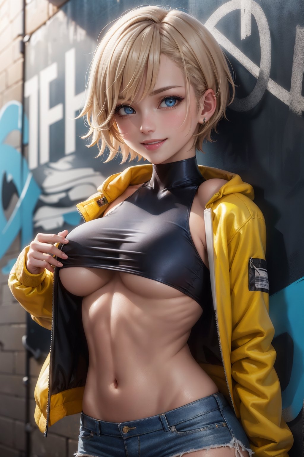 (masterpiece), (best quality), (HDR), intricate detail, 
1girl, mature woman, smile, tan skin, hair colour highlights, short hair, (sharp eyes, blue eyes, detailed eyes:1.2), croptop, cropped_jacket, underboobs, short shorts, midriff, portrait, upper body, graffiti wall background,