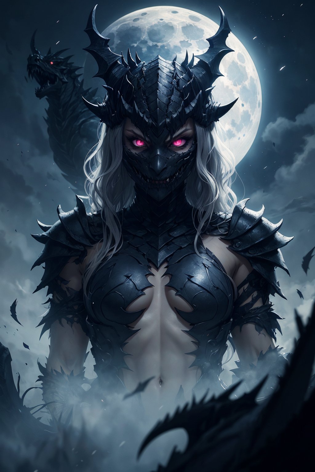 A sultry warrior with white wavy hair, her hypnotic eyes piercing through the darkness, her black armor glistening in the moonlight, her lips so kissable yet deadly, a black dragon looming behind her, ready to strike.