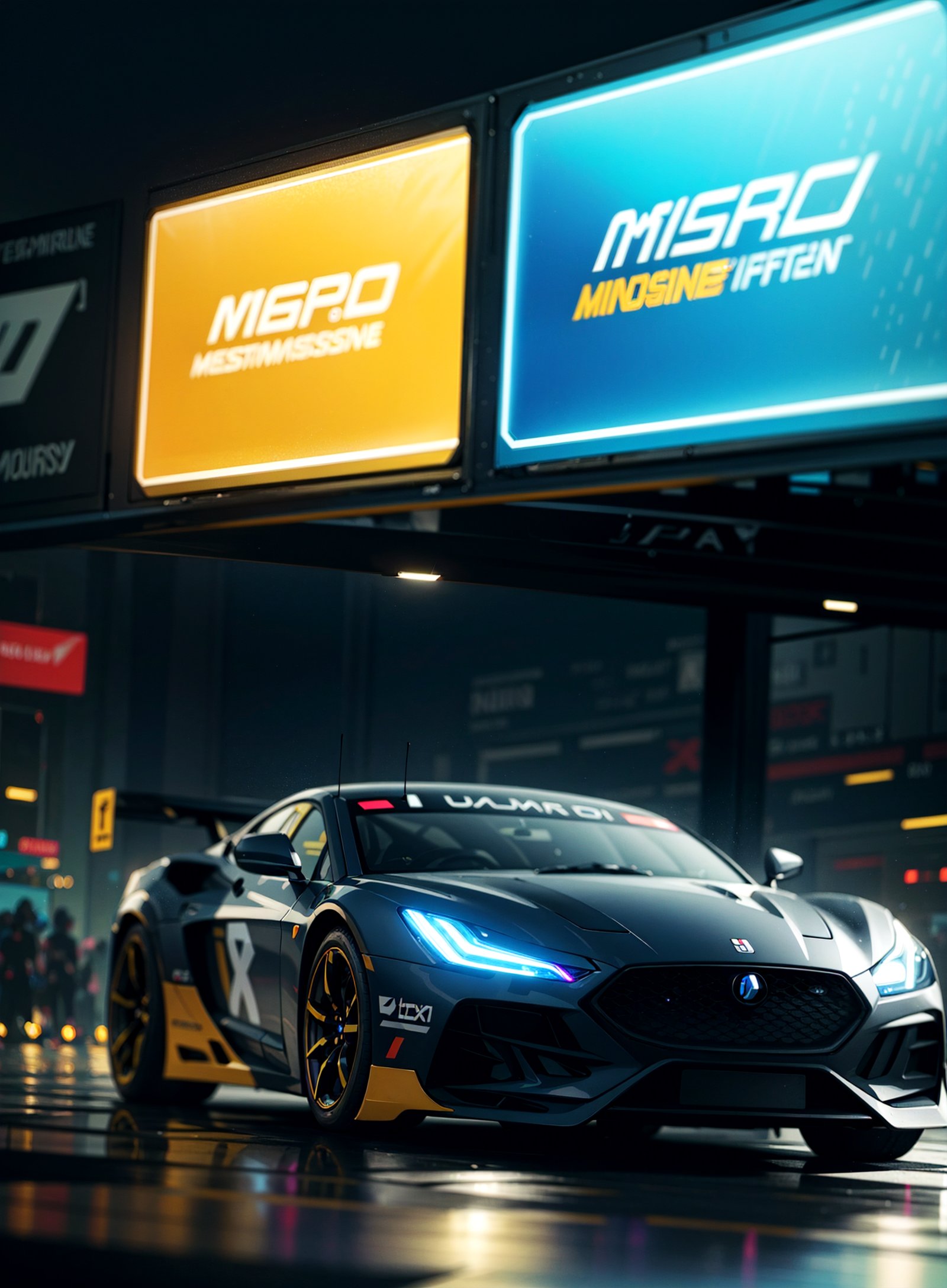 (digital artwork), Super car, wide body kit, modified car, racing livery, rainingmasterpiece, best quality, realistic, ultra highres, depth of field,(full dual colour neon lights:1.2), (hard dual colour lighting:1.4), (detailed background), (masterpiece:1.2), (ultra detailed), (best quality), intricate, comprehensive cinematic, magical photography, (gradients), colorful, detailed landscape, visual key,