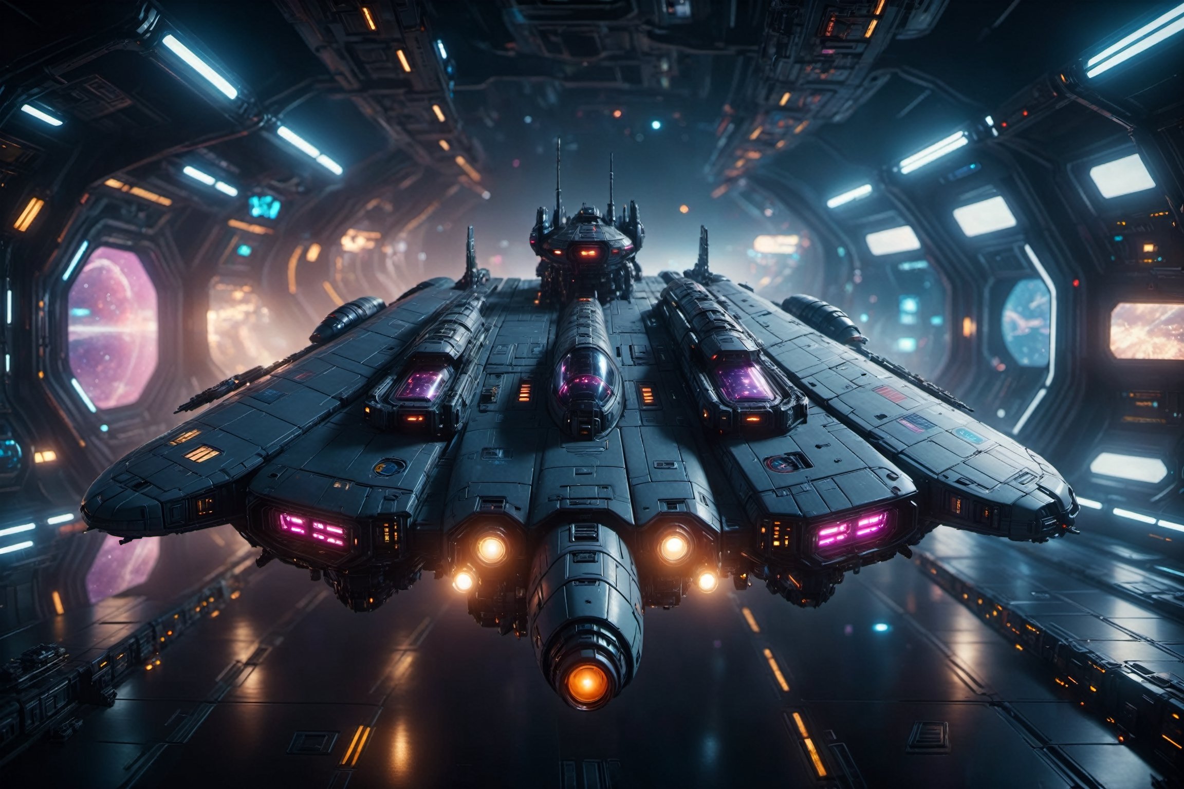 cinematic film futuristic, outer space station, battle spaceship, cyberpunk livery, night, depth of field, highly detailed, high budget, bokeh, cinemascope, moody, epic, gorgeous, 4k, hdr, smooth, sharp focus, high resolution,