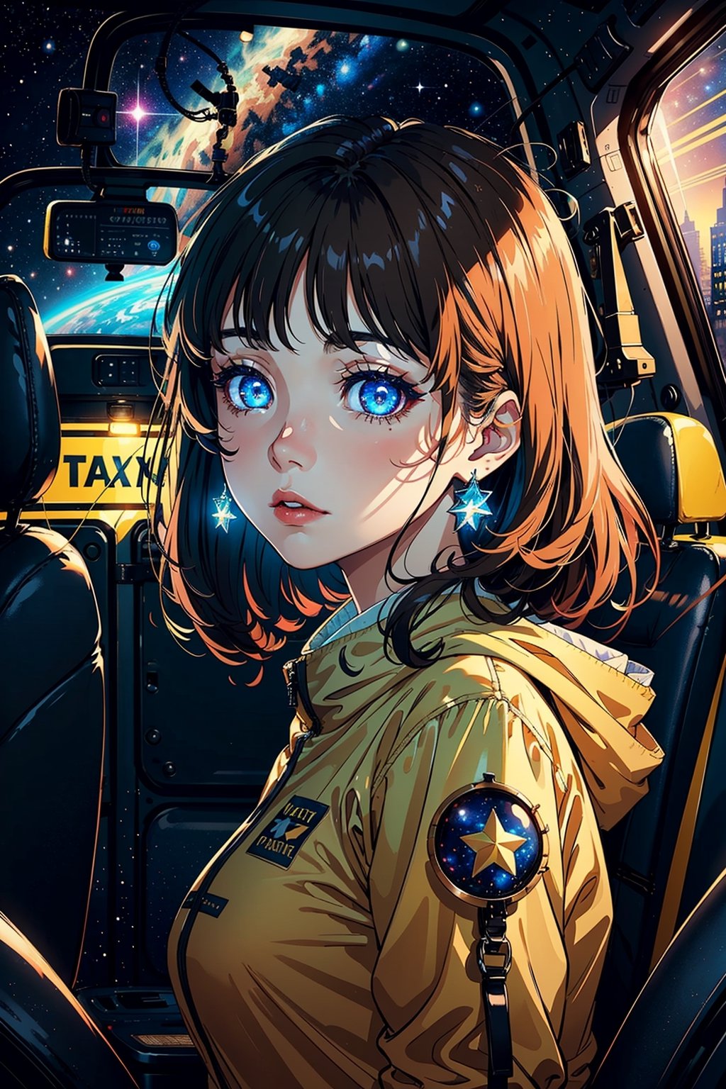 1girl, solo, looking at viewer, detailed background, detailed face,  (glowing eyes:1.2), living star constellation, star sign, calm, pisces, esoteric  patterns, interstellar energy, stars, bright Taxi Cab Yellow lights, cosmic light,  shine, weightlessness, backlighting, cosmic space background, surreal ethereal atmosphere, (detailed eyes:1.3)