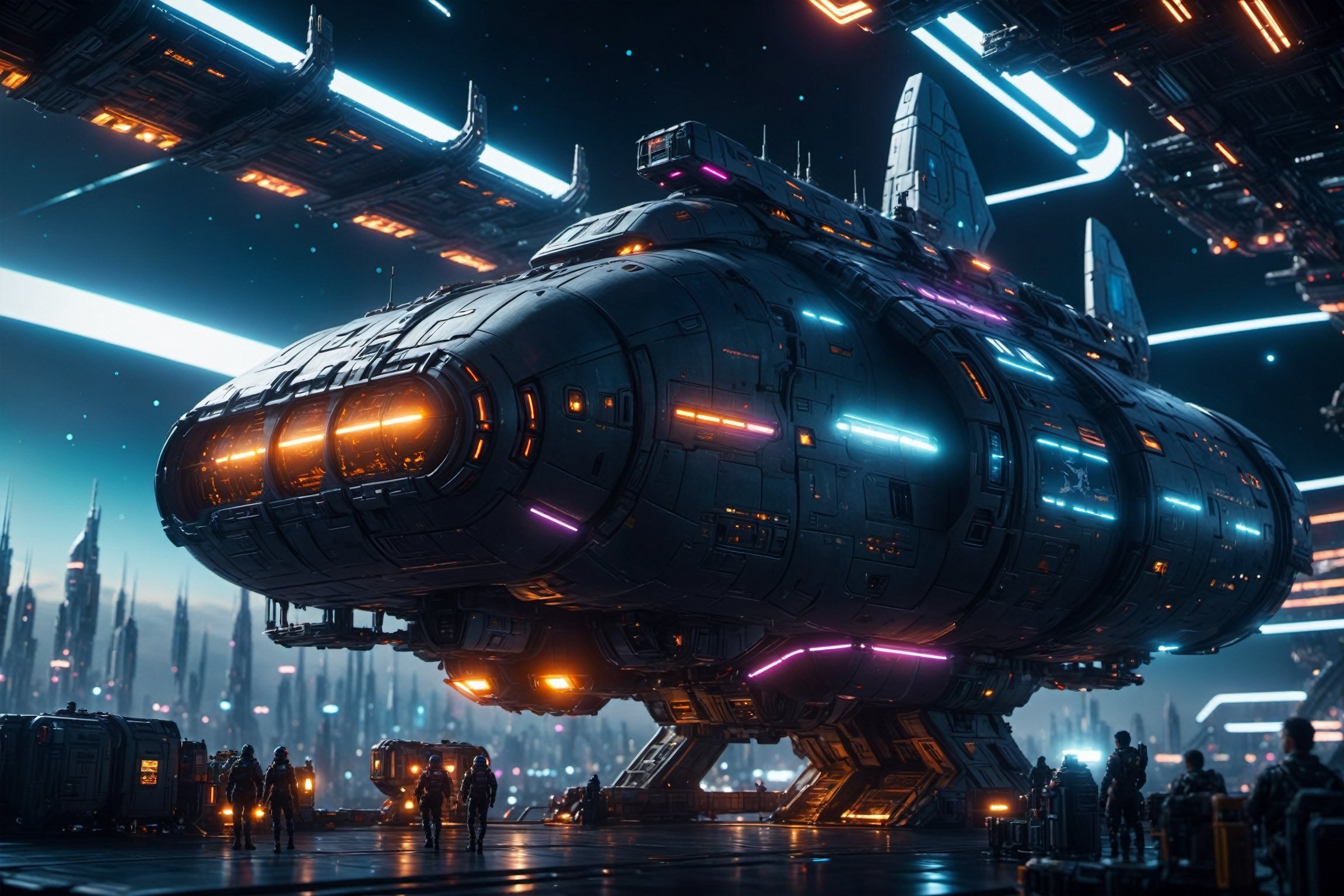 cinematic film futuristic, outer space station, battle spaceship, cyberpunk livery, night, depth of field, highly detailed, high budget, bokeh, cinemascope, moody, epic, gorgeous, 4k, hdr, smooth, sharp focus, high resolution,