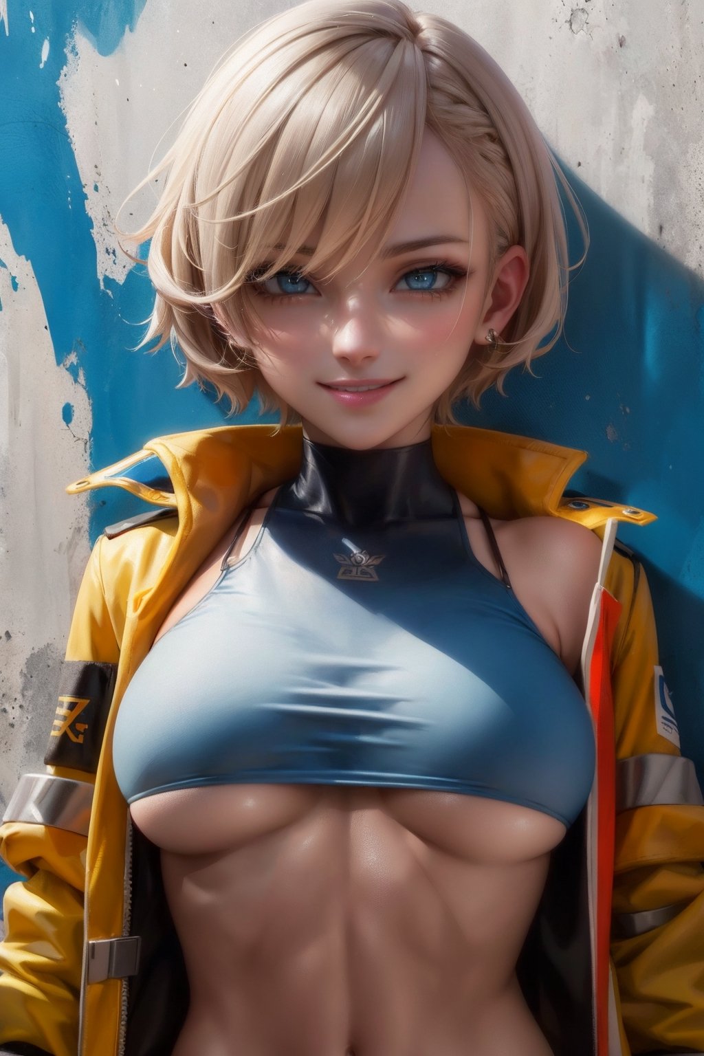 (masterpiece), (best quality), (HDR), intricate detail, 
1girl, mature woman, smile, tan skin, hair colour highlights, short hair, (sharp eyes, blue eyes, detailed eyes:1.2), croptop, cropped_jacket, underboobs, short shorts, midriff, portrait, upper body, graffiti wall background,