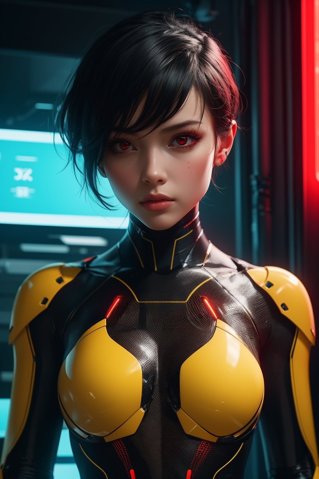 masterpiece, red eyes, light (red light:1.3), 1girl, beautiful face, skindentation, detailed black hair, pixie hair, glowing light, futuristic, science lab, cyberpunk bodysuit, upper body, skinny waist, large hip