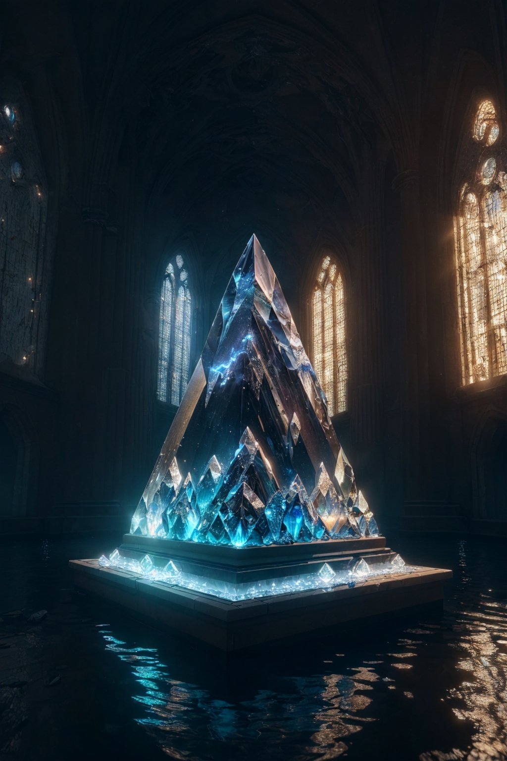 (8k, masterpiece, best quality, masterpiece:1.2), octane render, ultra high res, ultra-detailed , professional lighting, photon mapping, radiosity, physically-based rendering, ue5, ((island sanctuary)), ((ancient fallen kingdom)), ((reflections in water)), ((raytracing)), ((crystal structure)), ((crystal monument)), ((crystal statue))