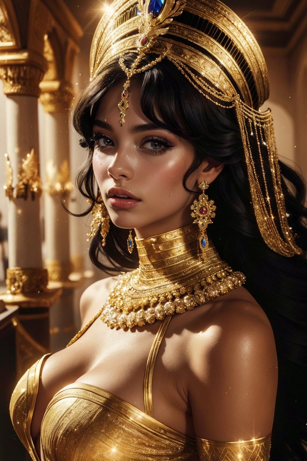 young Cleopatra, a paragon of regal beauty, commands attention with her striking presence. Her almond-shaped eyes, lined with kohl, sparkle with intelligence and a touch of mystery. Raven-black tresses cascade in intricate curls, adorned with jewels that catch the light. Sun-kissed skin, anointed with exotic oils, exudes a luminous glow, reflecting the allure of the Egyptian sun. Dressed in opulent fabrics, Cleopatra's regalia accentuates her graceful silhouette, while a confident demeanor and a captivating charm complete the portrait of a queen whose beauty transcends eras. film photo