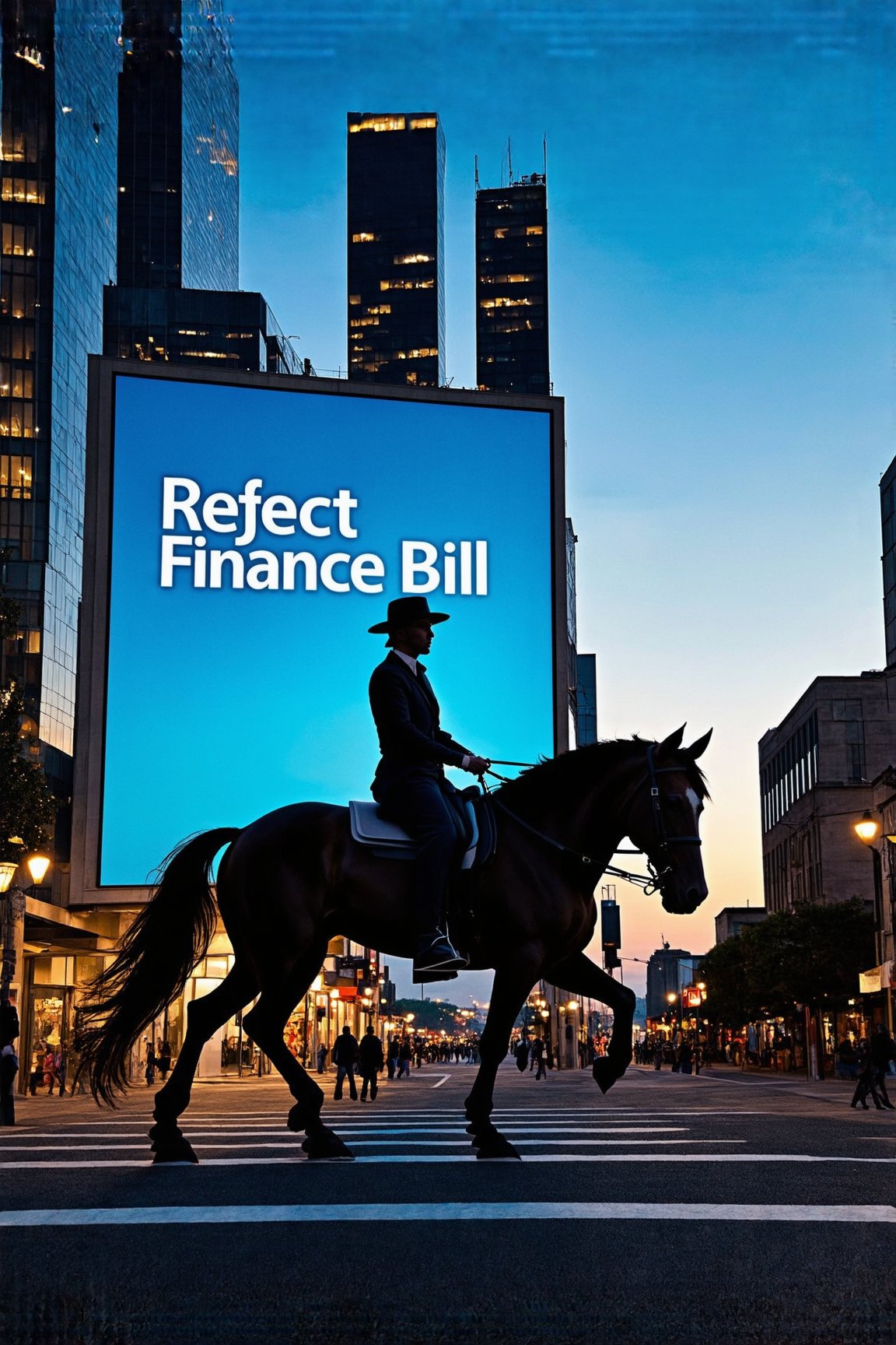 A cityscape at dusk, with the words Reject Finance Bill 2024 emblazoned on a giant screen, serving as a backdrop to a striking scene. A figure clad in black astride a majestic horse, its coat glistening in the soft light, rides through the bustling streets. The camera frames the duo from a low angle, emphasizing their dominance over the urban landscape. The rider's silhouette is bold and powerful, while the horse's mane flows like dark silk in the fading light.