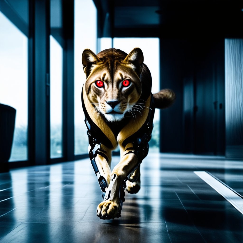 A close-up shot of the lion cyborg's powerful gait as it strides confidently through a sleek, modern villa. The LED red eyes glow brightly in the dimly lit hallway, casting an eerie ambiance amidst the minimalist decor. Wide glass windows and realistic furniture provide a stunning backdrop for this futuristic feline as it majestically navigates the space.