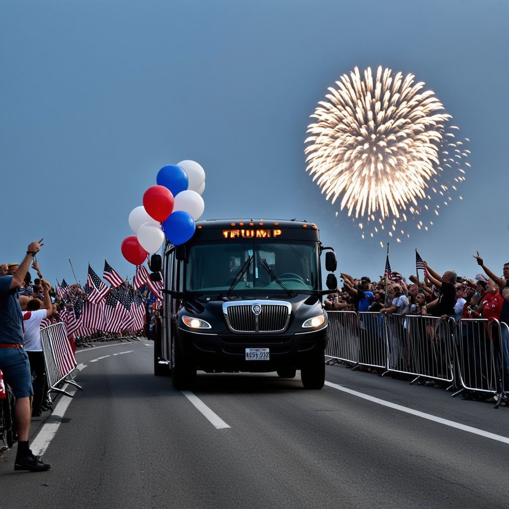 A Donald Trump motorcade winding down a sun-kissed highway, surrounded by a sea of enthusiastic supporters waving American flags. The sky is ablaze with fireworks, casting a warm, realistic glow on the scene. The Republican Party's red, white, and blue balloons bob gently in the breeze, as the crowd cheers wildly behind barricades. Trump's campaign bus, emblazoned with his iconic logo, leads the procession, its tires screeching slightly as it takes a sharp turn.