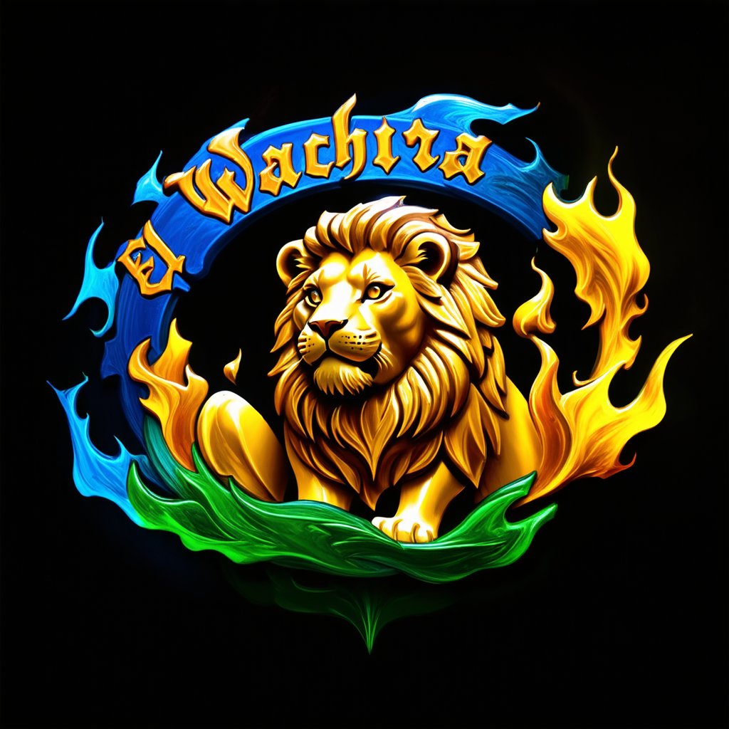 A majestic Rastafarian Lion badge against a dark backdrop. El Wachira, written in molten golden script, descends from the mane of the regal lion. Zion's colors - blue, green, and yellow - swirl around the badge like a fiery aura. The lion's fierce gaze pierces through the shadows as it surveys its kingdom.