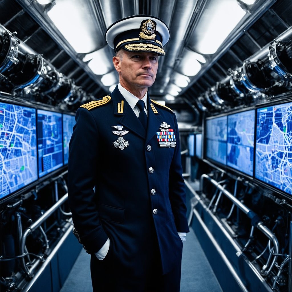 Inside the sleek, high-tech submarine of the Russian Navy, a commanding officer stands at attention, clad in a crisp, tailored uniform with intricate embroidery and gleaming medals. The metallic hull behind him is reflected in the glossy surfaces of high-definition screens, displaying real-time sonar readings and strategic maps. The air is thick with the hum of machinery and the scent of fresh coffee wafts from a nearby console. In the background, the rugged texture of steel corridors stretches into darkness, punctuated by rows of gleaming pipes and industrial machinery.