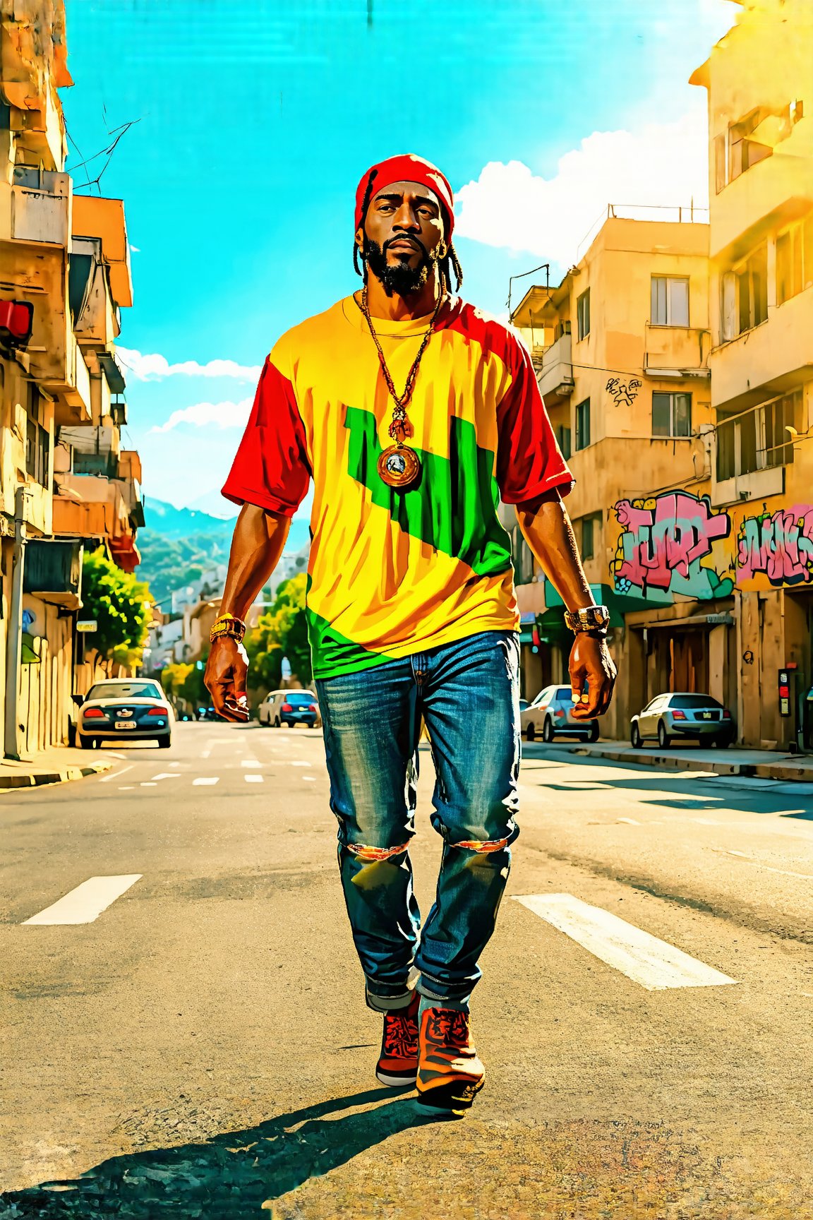 A rasta man , walking on the streets, city background, Rastafarian graffiti, ultra-detailed realism, best photography details, good saturation, sunset photorealistic 