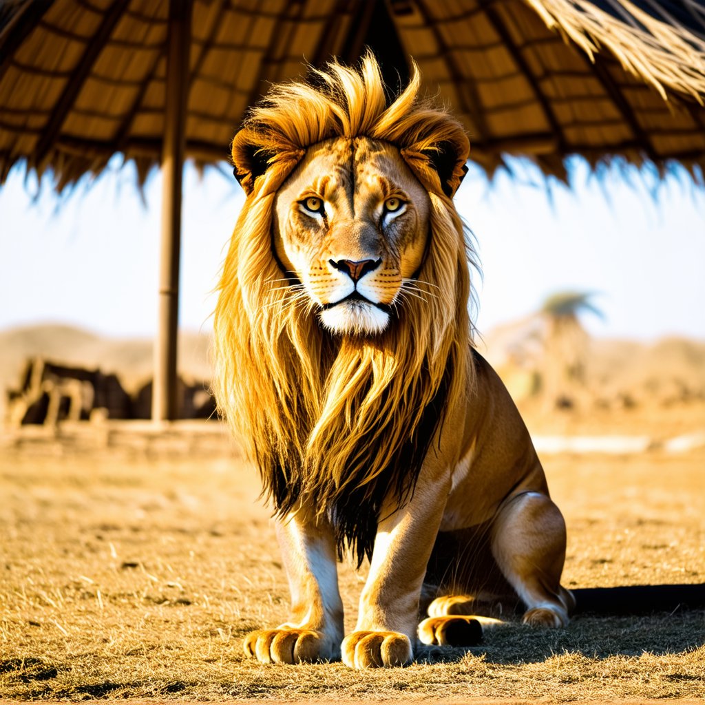 A majestic lion sits majestically beside a luxurious Maasai hut, its golden mane glistening in the warm sunlight that filters through the thatched roof. The king's compound, with its vibrant colors and intricate patterns, serves as a striking backdrop to this regal scene. The lion's piercing gaze seems to survey the surroundings, its powerful presence commanding attention.