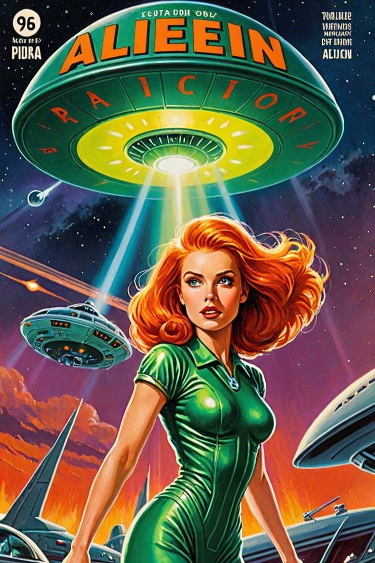 (8k,highres,masterpiece:1.2),vibrant pulp magazine cover,((alien abduction of a fiery-haired girl)), intense sci-fi elements, dramatic lighting, detailed illustration, otherworldly spaceship, menacing extraterrestrial beings, futuristic technology, distressed facial expression, dynamic action, vibrant color palette, dramatic sky, sharp focus, intricate alien spacecraft design, vintage comic book aesthetics, retro typography, bold graphic style, eye-catching composition, intense sense of danger.