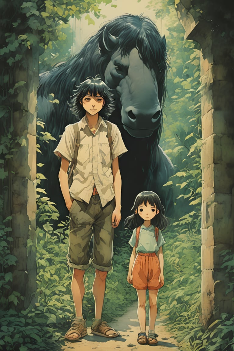 ltall teenage boy standing next to cute little girl, black hair,long hair, summer day, symmetry face, niji style, ghibli style