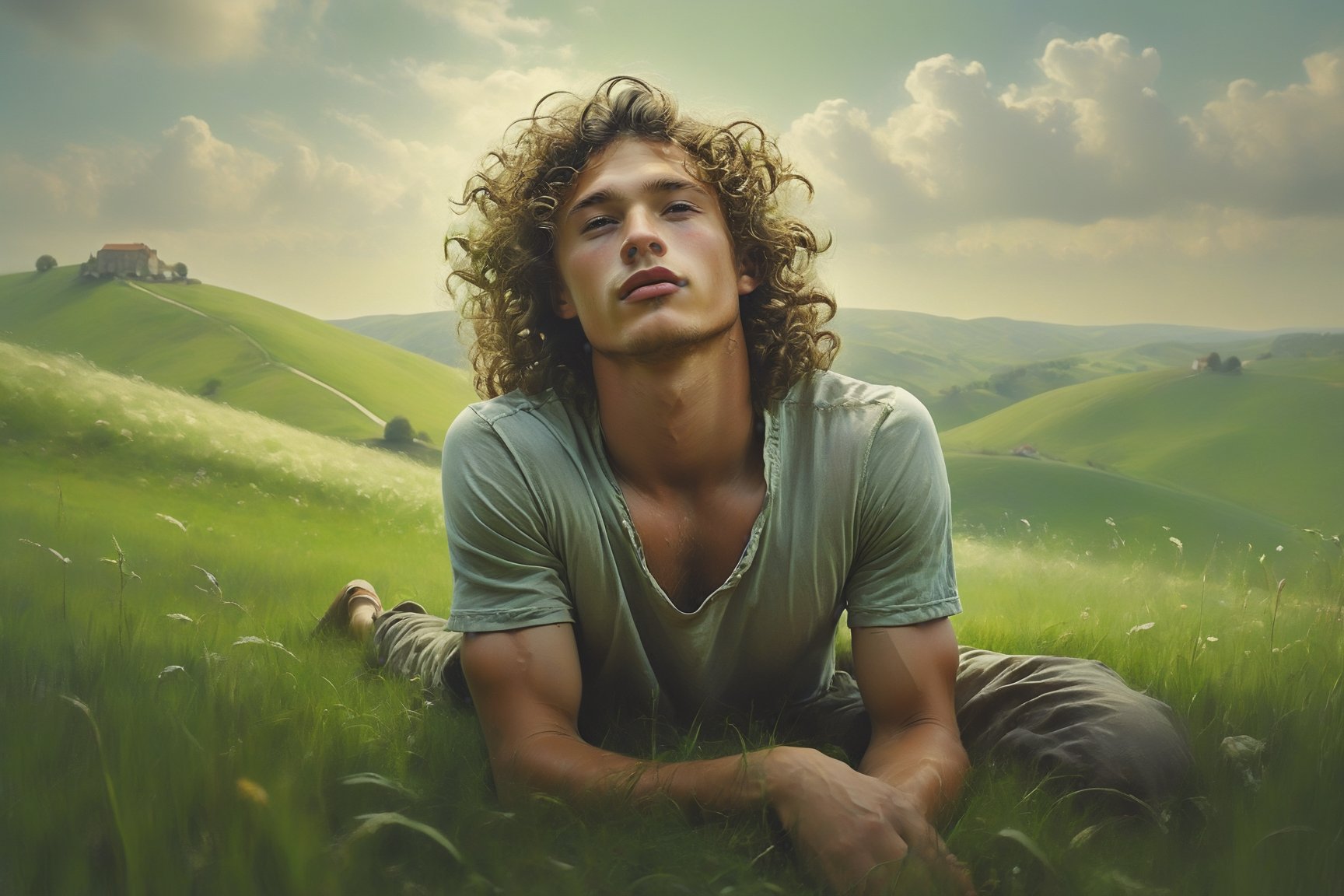 Using realistic rendering techniques, create a breathtaking 3D landscape of rolling hills and vibrant green fields. In the center of the scene, a young man with long, curly hair rests in the grass, his legs lifted towards the sky and his arms outstretched. The soft, muted colors and delicate details of the scene evoke a sense of tranquility and beauty.