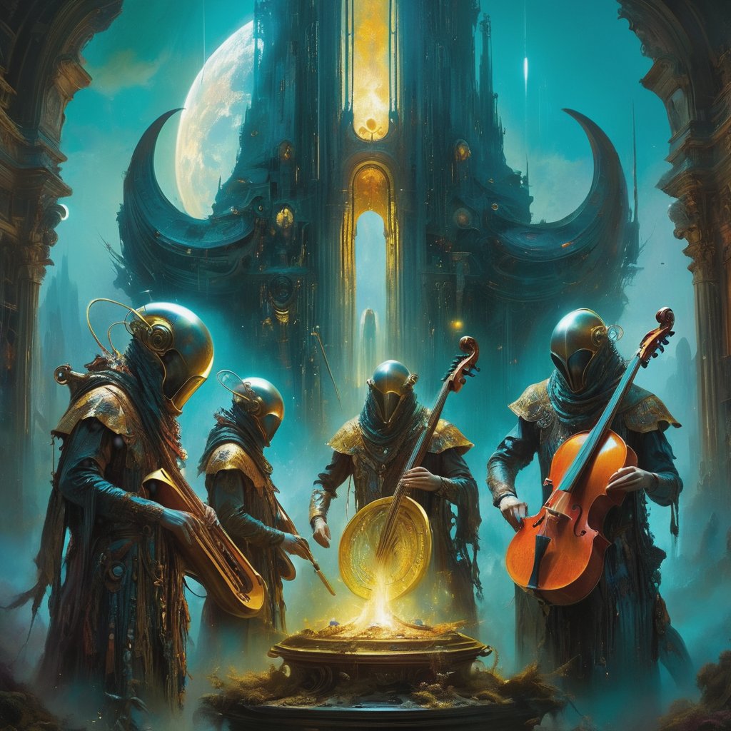 Album cover. A band of futuristic entities playing ancient instruments, symbolizing a timeless connection between past and future. vibrant colors. vibrant colors, MASTERPIECE by Aaron Horkey and Jeremy Mann, masterpiece, best quality, Photorealistic, ultra-high resolution, photographic light, illustration by MSchiffer, fairytale, Hyper detailed. baroque medievel futuristic ancient