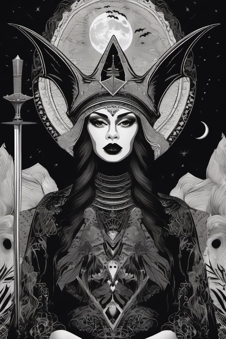 a black and white photo of a woman with a bat on her head, abstract occult epic composition, occult inspired, gothic art style, dark illustration, occult art, symmetrical tarot illustration, dark art style, highly detailed dark art, symmetrical digital illustration, the witch conjure, detailed cover artwork, occult dream, mystic illustration, ito junji art, occult aesthetic