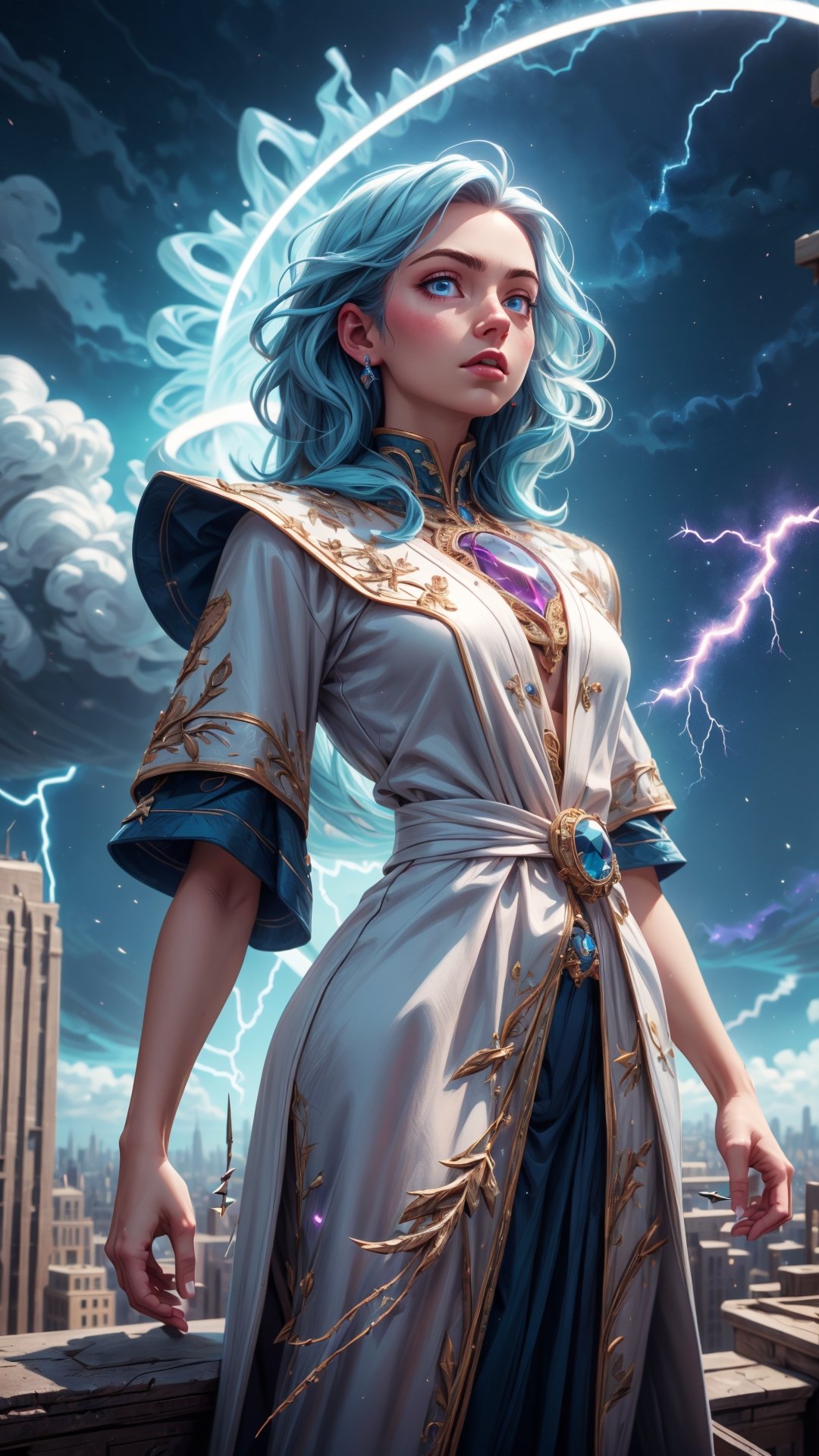 (4k), (masterpiece), (best quality),(extremely intricate), (realistic), (sharp focus), (award winning), (cinematic lighting), (extremely detailed), 

A young sorceress with long cerulean blue hair and piercing blue eyes, standing on top of a high rise building of new york. She is wearing a flowing pure white robe with silver lightning bolts embroidered on it. Her staff is in her hand, and it is crackling with electricity. She is surrounded by a swirling vortex of lightning energy.,DonMl1ghtning,DonMC3l3st14l3xpl0r3rsXL