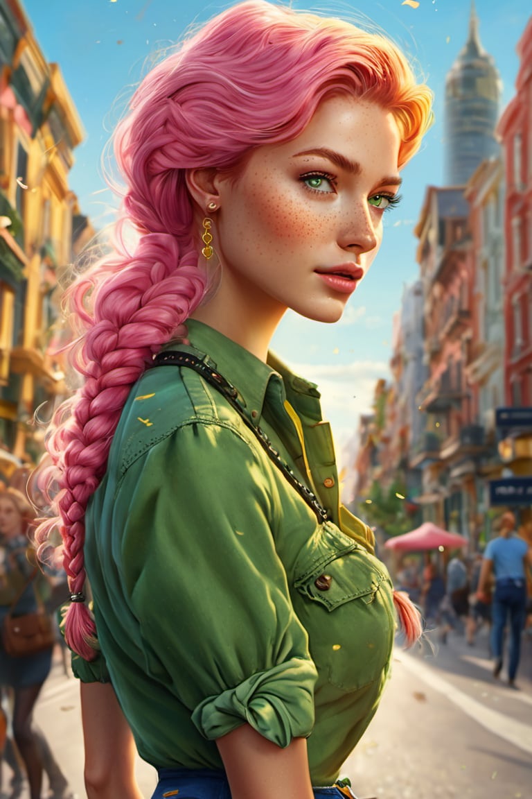 scenery, masterpiece, high quality, ((braid pink hair girl)), green eyes, freckles, walking in a city, denim shirt, yellow skirt,add_detail:1, add_detail:0, add_detail:0.5,,COLORFUL PORTRAITS,add_detail:1, add_detail:0, add_detail:0.5,COLORFUL PORTRAITS,mirrornun