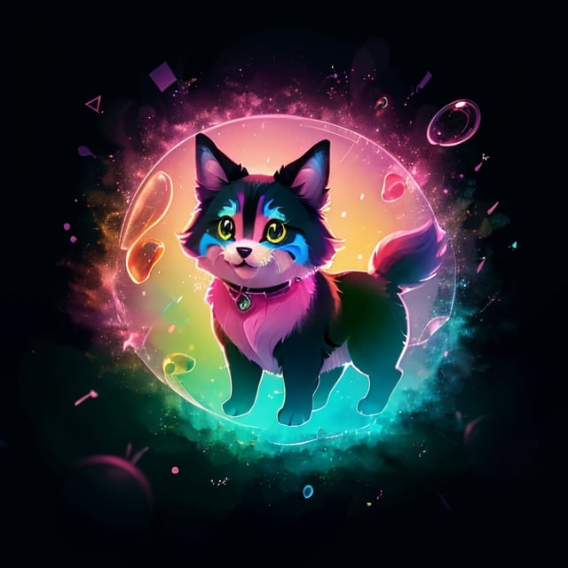 shadow flat vector art,  (cute, colorful, dog, vector illustration, portrait), (best quality, 4k, highres, masterpiece:1.2), ultra-detailed, vivid colors, bokeh, light painting, soft lighting, Playful expression, lovely whiskers, tiny pink nose, round expressive eyes, fluffy fur, playful posture, colorful background, toy butterflies, floating bubbles, 