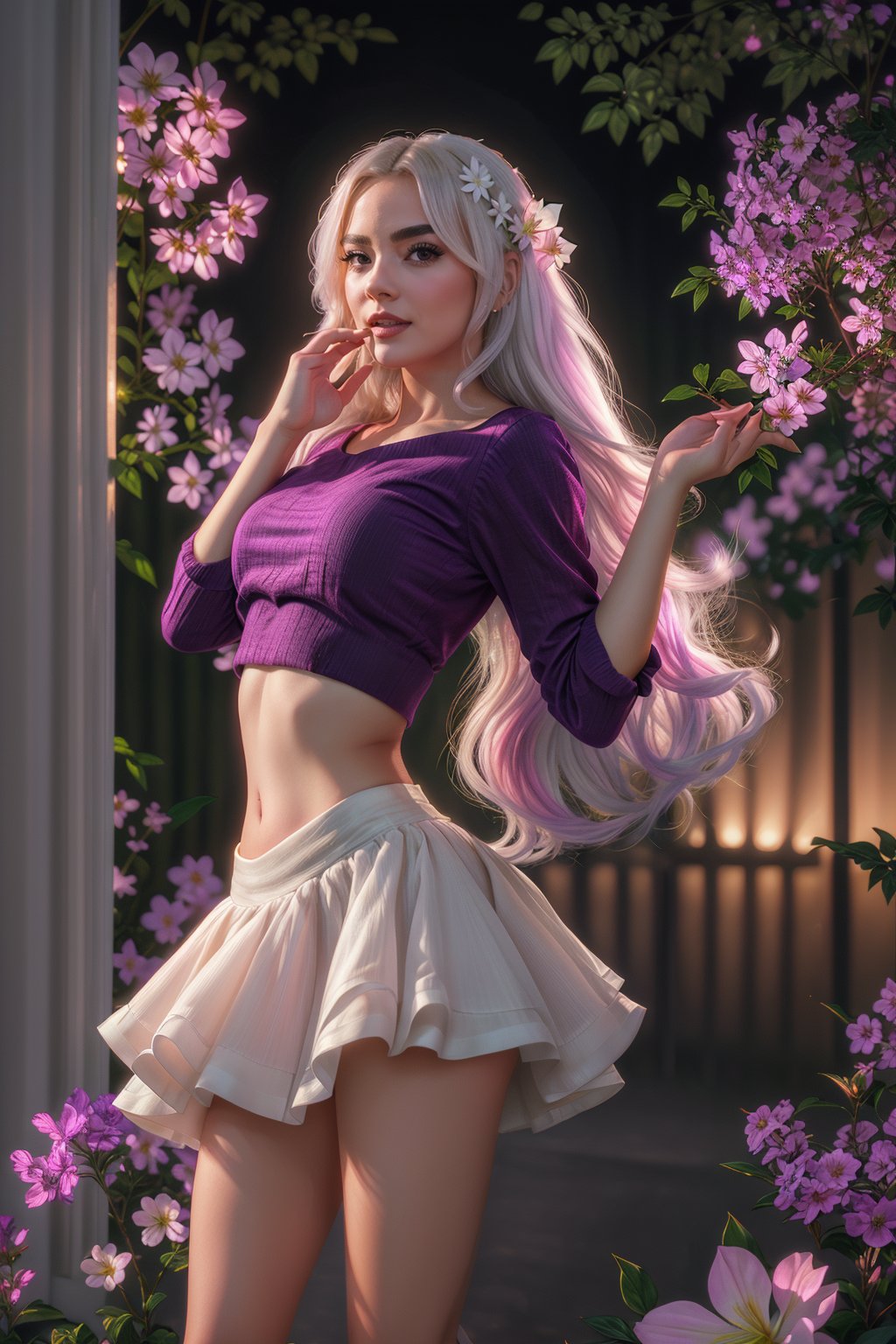 (best quality,  realistic:1.2),  ultra-detailed,  professional,  vivid colors,  portrait,  beautiful detailed eyes,  beautiful detailed lips,  long eyelashes,  flowing white hair,  seductive pose,  purple glowing eyes,  fashionable crop top,  flowing skirt,  soft parted lips,  natural blush,  night scene,  blooming flowers,  warm sunlight, 