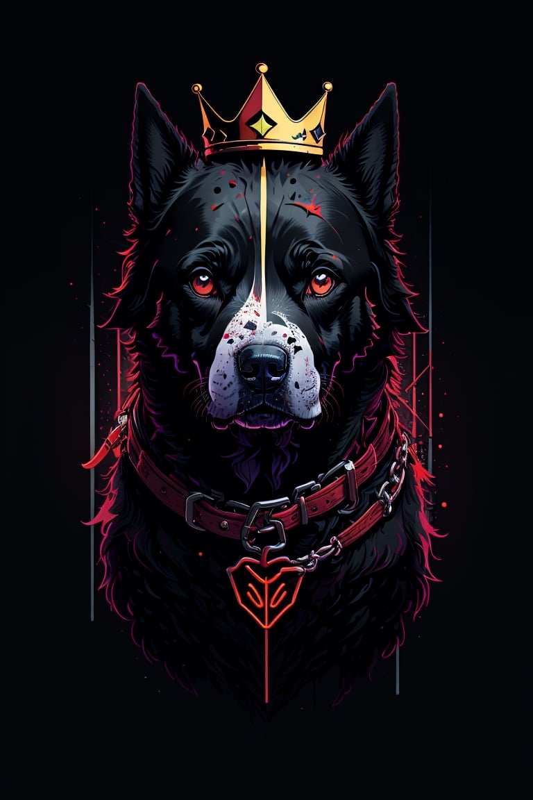 masterpiece, best quality, ultra high res, a cute Pitbull, animal, beautiful, visually stunning, elegant, incredible details, award-winning painting, high contrast, vector art, line art, splatter, flat color, color merge gradient, (dog:0.7), (dark black theme:1.2), (Red neon color), glowing,red neon, crown, dog eyes, serious, red,tshee00d,
