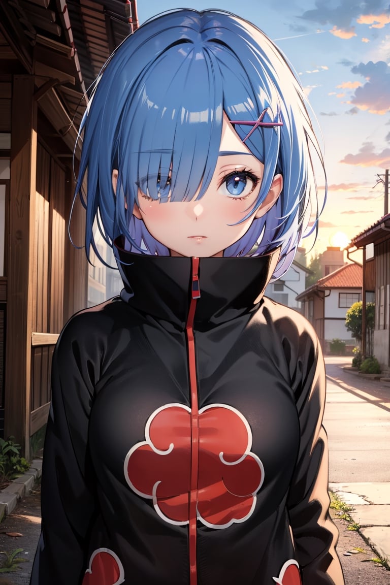 anime, hdr, soft light, ((best quality)), ((masterpiece)), (detailed),  rem_\(re_zero\), hair over one eye, x hair ornament, (akatsuki outfit:1.1), looking at viewer, upper body, village, sunset, nature, ,akatsuki outfit