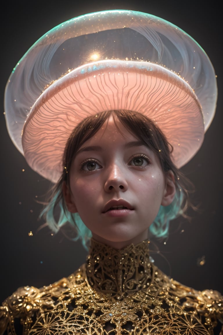 photo RAW,(Black and pink : Portrait of a ghostly jellyfish , shiny aura , highly detailed , gold filigree , intricate motifs , organic tracery, by Android jones, Januz Miralles, Hikari Shimoda, glowing stardust by W. Zelmer ,perfect composition , smooth , sharp focus , sparkling particles , lively coral reef background Realistic, realism, hd, 35mm photograph, 8k), masterpiece, award winning photography, natural light, perfect composition, high detail, hyper realistic