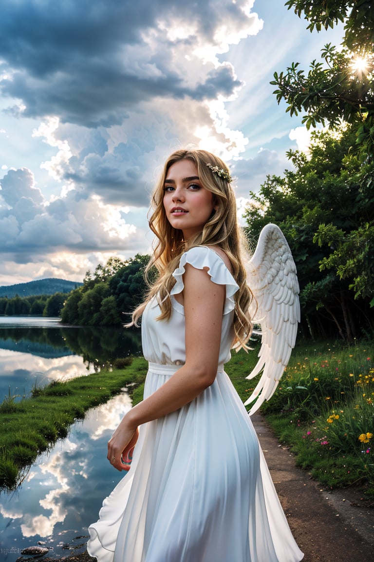 An angel with white wings spreading wide, her gaze filled with love and compassion. Her hair is golden, dressed in a white gauzy dress, appearing exceptionally holy under the sunlight. The surrounding environment is peaceful, with light clouds floating around. High-definition picture of an angel with open wings, divine aura, golden hair, white dress, serene cloudy background, majestic oil painting by celestial artists, trending on ArtStation, vibrant, sharp focus, photorealistic painting art by hi-res masters.

Background ,masterpiece, high quality*, `detailed wooden cabin illuminated at night, thunderstorm, lightning in the sky, dark clouds, trees and lush vegetation, reflections in puddles, wet stone path, small flowers scattered around, warm cozy lights from cabin, tranquil and majestic natural setting`.