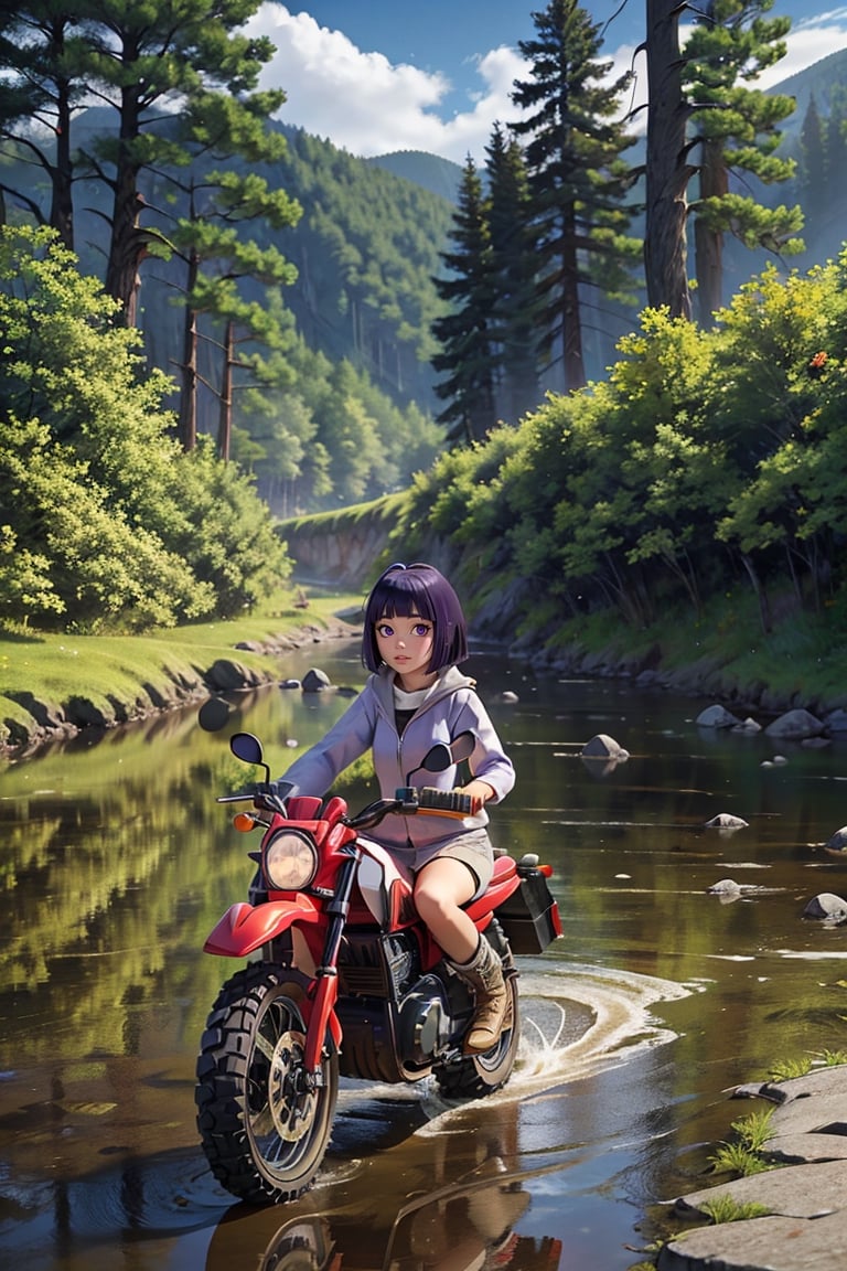 ((cinematic scenic view of 1 girl, wearing a driving in a off road motorcycle)), very windy, 3D, depth of field, motion blur, dirt road racing in a forest crossing a stream, dusty, reflections, water splash, smile open mouth, eye contact viewer, 
hinata_boruto, 1girl,short hair, solo, purple hair, bob cut, bangs, blunt bangs, looking at viewer, large breasts,hinata_boruto