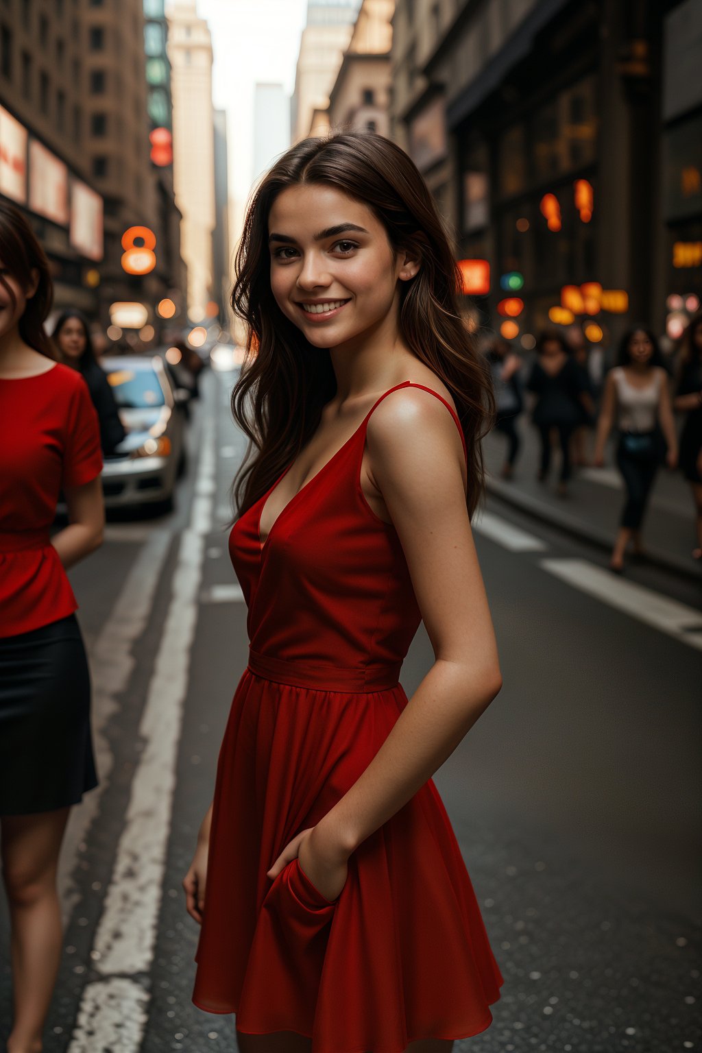 A vibrant young woman stands confidently on a bustling city street, her bright red dress accentuating her smile as she gazes out at the camera. The framing captures her from the waist up, with a shallow depth of field blurring the background. Soft natural light dances across her face and shoulders, adding warmth to her features. Her pose is relaxed yet alluring, as if inviting passersby to join in on the fun.