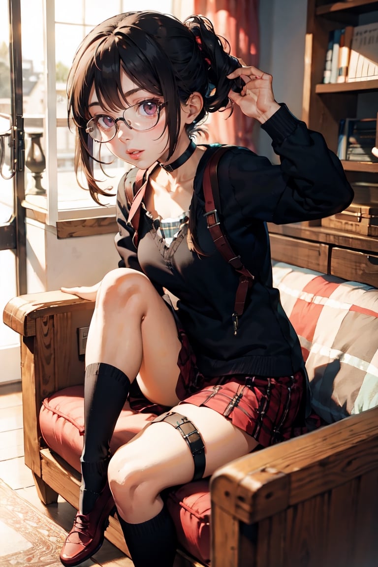 (super detailed), (beautiful background, detailed background),1girl, solo, glasses, skirt, long hair, looking at viewer, plaid skirt, plaid, sitting, parted lips, selfie, choker, lips, pink skirt, breasts, brown hair, thigh strap, couch, reaching towards viewer light,JAR