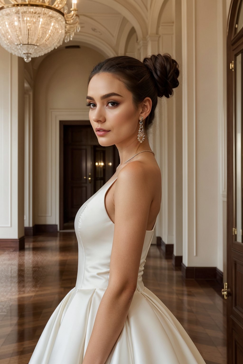 A girl in a modern, elegant ball gown, styled with a sleek updo and minimalist jewelry. She should have a confident, regal expression. The background is a luxurious modern palace, with clean lines, high ceilings, and extravagant chandeliers. The photo should be shot in high definition, with a sharp focus on the subject and a soft, blurred background for a captivating portrait